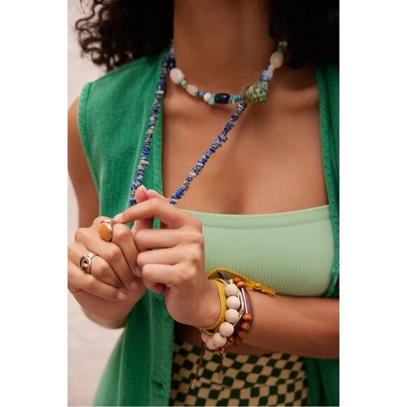 Free People Bohemian Single Strand Crystal Chip Beaded Necklace Lapis Blue NWT - Picture 9 of 15